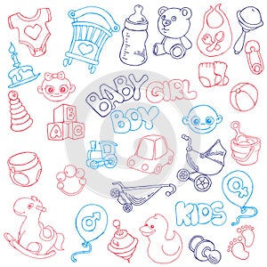 Vector hand drawn set of Newborn Baby Care cartoon doodle objects and items.