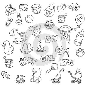 Vector hand drawn set of Newborn Baby Care cartoon doodle objects and items.