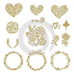 Vector Hand Drawn Set Of Round Gold Frames, Flovers, Hearts, Wreaths. On white Background