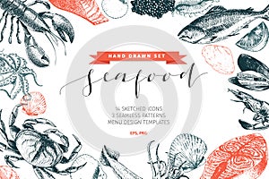 Vector hand drawn set of seafood icons. Lobster, salmon, crab, shrimp, ocotpus, squid and clams. Delicious menu objects.