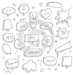 Vector hand drawn set of sketch speech bubbles clouds rounds hearts stars thought bubbles.