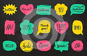 Vector hand drawn set of speech bubbles with phrases Hi, Hello, I love you, Yes, Wow, Welcome, Open, Kiss Me etc.