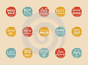 Vector hand drawn set of speech bubbles with sale phrases. Discount card collection, Buy Now,Half Price,Last Chance etc.