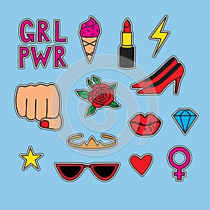 Vector hand drawn set stickers about women power.