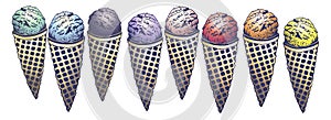 Vector hand drawn set of tasty ice cream flavor cherry, strawberry, orange, lemon, mint, berries, blue curacao ice cream,