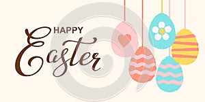 Vector hand drawn silhouette of Easter eggs and Happy easter lettering. Background with text message for banner, card
