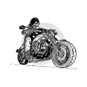 Vector hand drawn skeleton rider on motorcycle.Vintage eternal biker illustration for custom chopper garage, MC label.