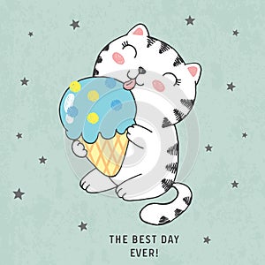 Vector hand drawn sketch illustration of happy white cat licking sweet ice cream on scratched grunge background with stars,
