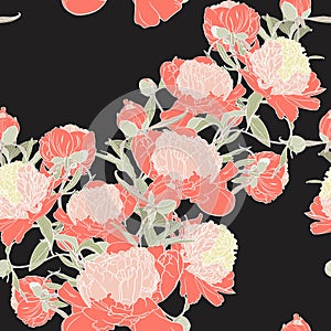 Vector hand drawn sketch illustration of orange peony flowers seamless pattern.