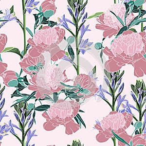 Vector hand drawn sketch illustration of pink peony and violet flowers seamless pattern.