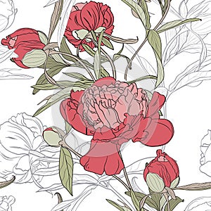 Vector hand drawn sketch illustration of pink, white peony flowers and green leaves seamless pattern.