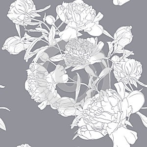 Vector hand drawn sketch illustration of white peony flowers bouquet. Seamless pattern