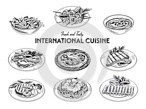 Vector hand drawn sketch international cuisine set