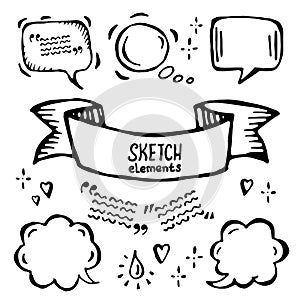 Vector hand drawn sketch ribbons and bubbles of different sizes and forms