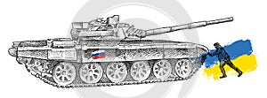 Vector hand-drawn sketch of Ukrainian man, resistance and stop to the russian tank t72 in black isolated on white background.