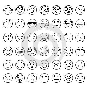 Vector Hand Drawn Smiley Faces Set, Black Outline Drawings Isolated.