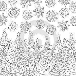 Vector hand drawn snowflakes, Christmas tree illustration for adult coloring book. Freehand sketch for adult anti stress