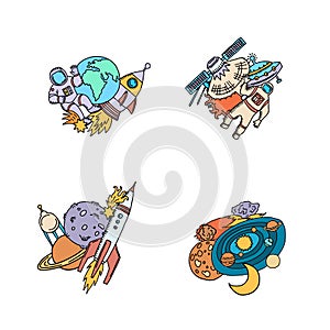 Vector hand drawn space elements planet, rocket