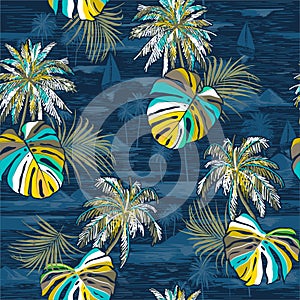 Vector hand drawn style summer seamless palm leaves island pattern on monotone Landscape with palm trees,beach and ocean