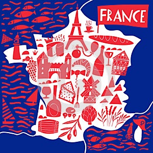 Vector hand drawn stylized map of France. Travel illustration with french landmarks, food and plants. Geography illustration