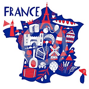 Vector hand drawn stylized map of France. Travel illustration with french landmarks, food and plants. Geography illustration