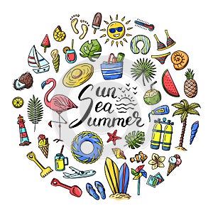 Vector hand drawn summer doodle circle composition with Sun Sea Summer lettering. Includes flamingo bird, surfboards, palmtree,