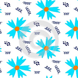 Vector hand drawn summer floral seamless pattern isolated on white background. Doodle blue flowers. Cartoon cornflowers