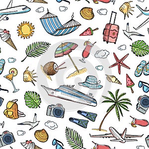 Vector hand drawn summer travel elements background or pattern illustration