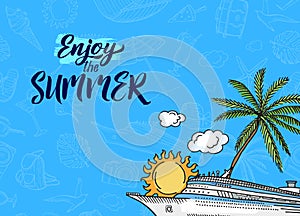 Vector hand drawn summer travel elements background with place for text illustration