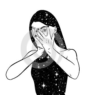 Vector hand drawn surreal illustration of woman