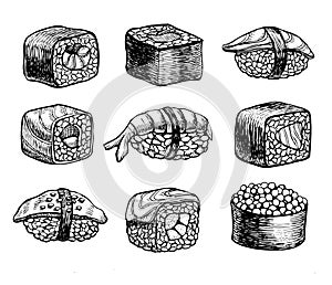 Vector hand drawn sushi set. Vintage sketch illustration.