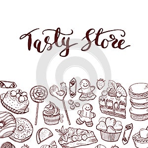 Vector hand drawn sweets shop or confectionary photo