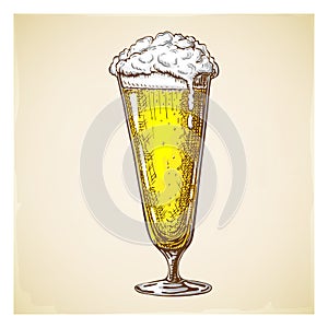 vector hand drawn tall beer glass full of wheat beer with foam. Beautiful vintage beer mug or pilsner with dropping froth isolated