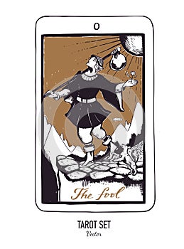 Vector hand drawn Tarot card deck. Major arcana The fool. Engraved vintage style. Occult and alchemy