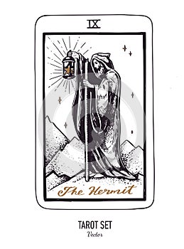 Vector hand drawn Tarot card deck. Major arcana the Hermit. Engraved vintage style. Occult, spiritual and alchemy
