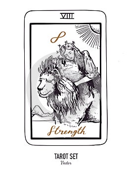 Vector hand drawn Tarot card deck. Major arcana the Strength. Engraved vintage style. Occult, spiritual and alchemy