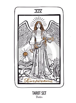 Vector hand drawn Tarot card deck. Major arcana Temperance. Engraved vintage style. Occult, spiritual and alchemy