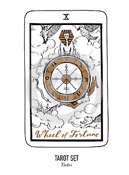 Vector hand drawn Tarot card deck. Major arcana Wheel of fortune. Engraved vintage style. Occult, spiritual and alchemy