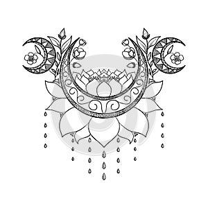 Vector hand drawn tattoo design. Crescent moon, lotus and flowers composition. Sacred theme