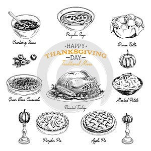 Vector hand drawn Thanksgiving food set