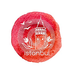 Vector hand drawn watercolor emblem with Galata tower in istanbul