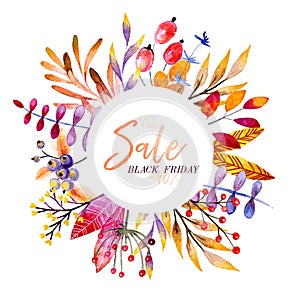Vector hand drawn watercolor wreath of forest leaves, flowers, berries. Black friday discount. Autumn abstract branches