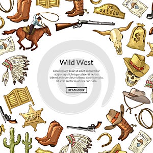 Vector hand drawn wild west cowboy elements background with place for text illustration