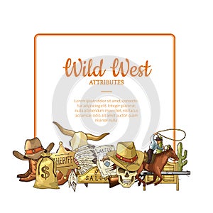 Vector hand drawn wild west cowboy elements below frame with place for text illustration