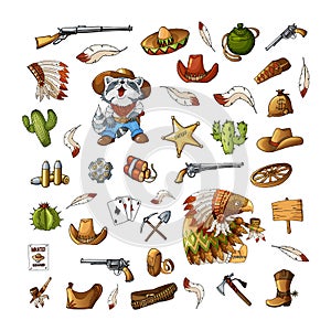 Vector hand drawn wild west indians elements stickers set illustration