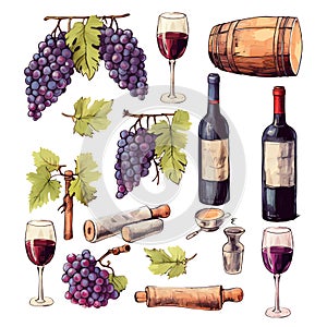 Vector Hand Drawn Wine Elements including wine glass, bottle, wine cork, grape, corkscrew icon eps10. Vector Old alcohol