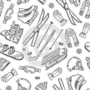 Vector hand drawn winter sports equipment and pattern or background