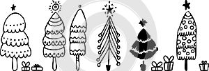 Vector hand drawn winter trees border. Whimsical doodles Christmas banner.