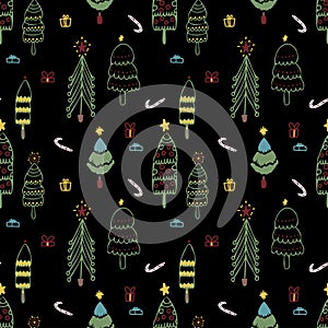 Vector hand drawn winter trees pattern. Whimsical doodles Christmas background.
