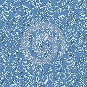 Vector hand drawn winter trees pattern. Whimsical doodles Christmas background. White line on blue.
